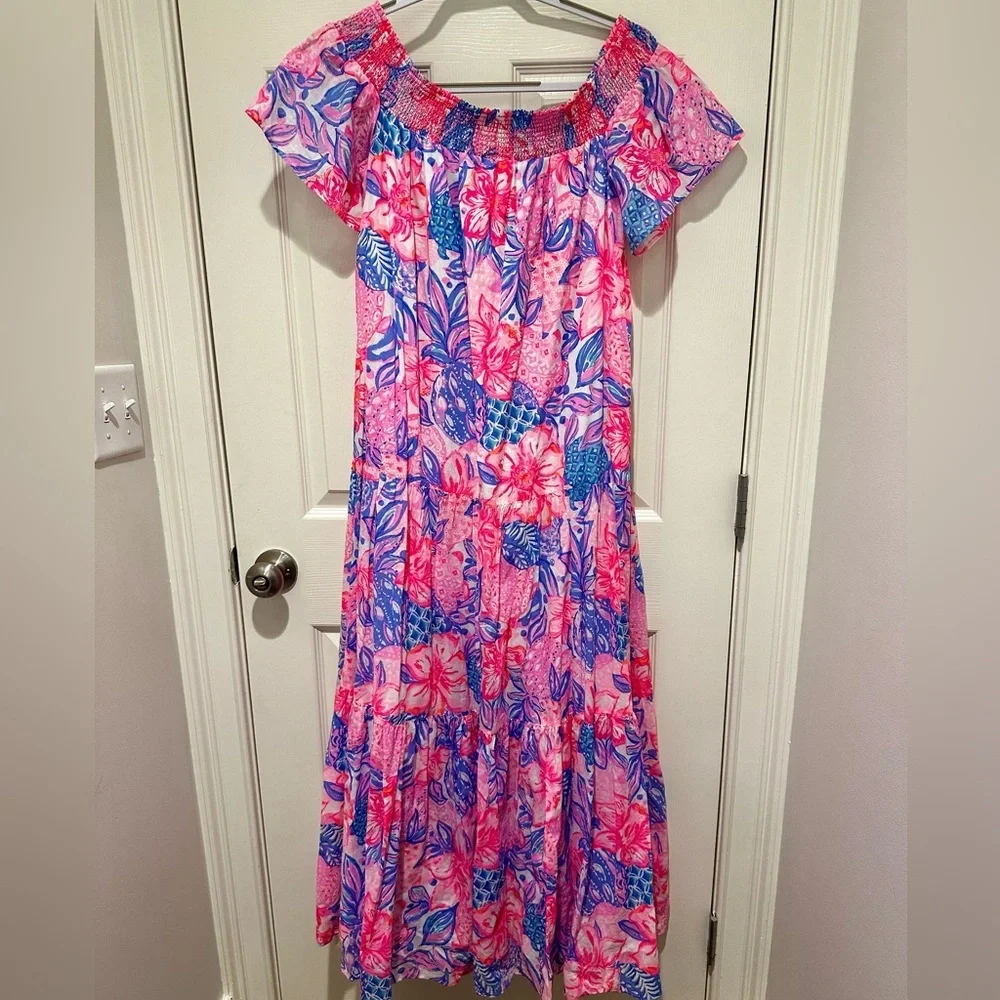 Lilly Pulitzer Dezi Off Shoulder Maxi Dress Pink Snappy Turtle - Picture 6 of 7